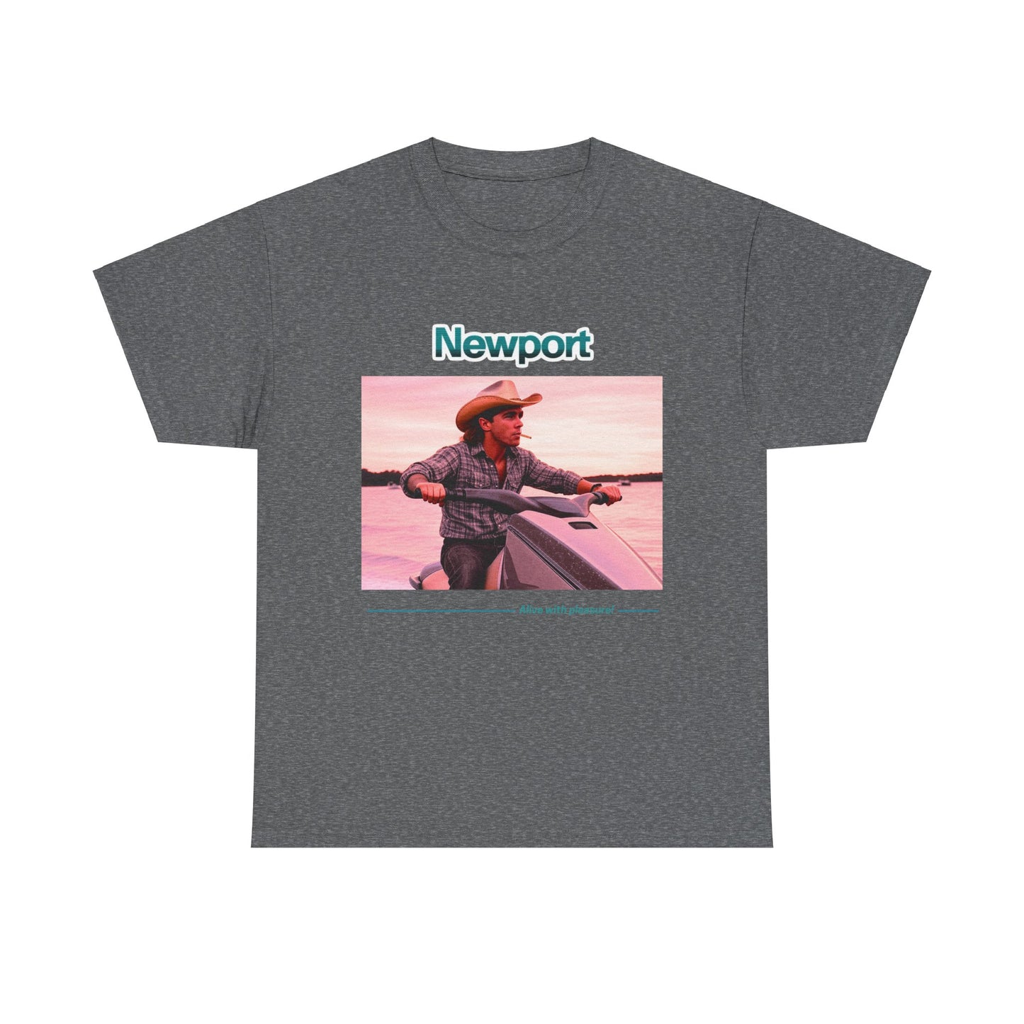 Graphic T-Shirt: 1980s Cowboy Riding Jet Ski with Newport Cigarette Design