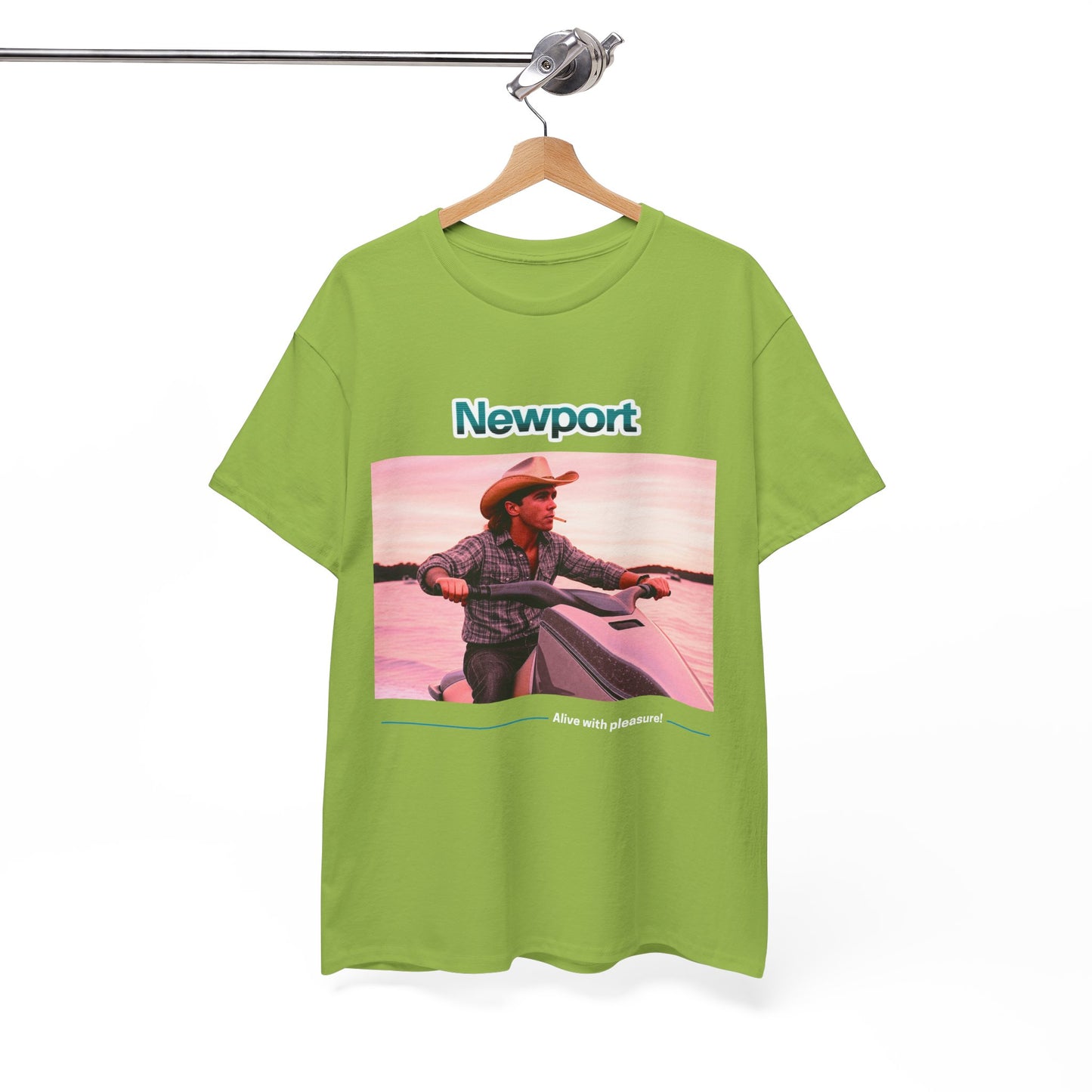 Graphic T-Shirt: 1980s Cowboy Riding Jet Ski with Newport Cigarette Design