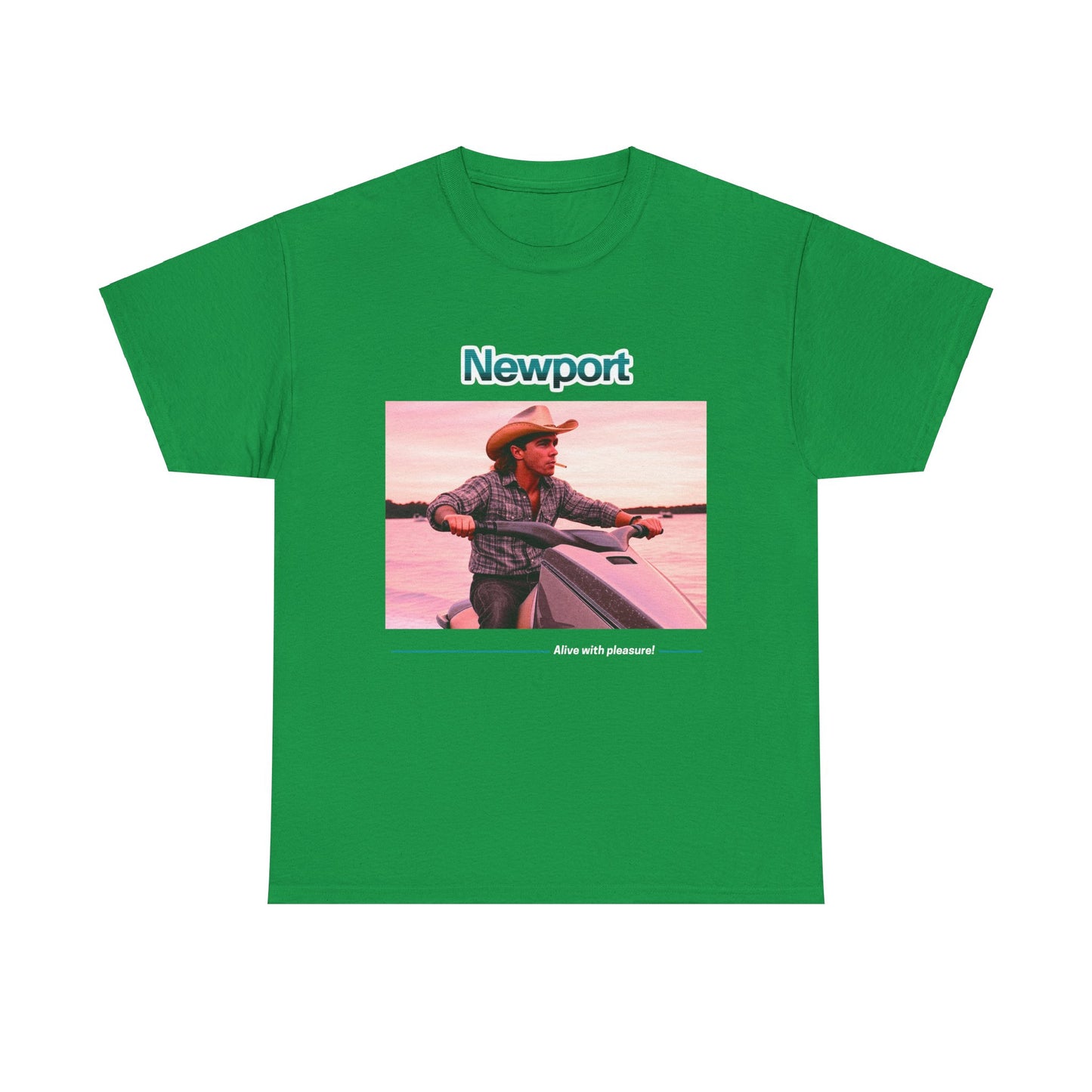 Graphic T-Shirt: 1980s Cowboy Riding Jet Ski with Newport Cigarette Design