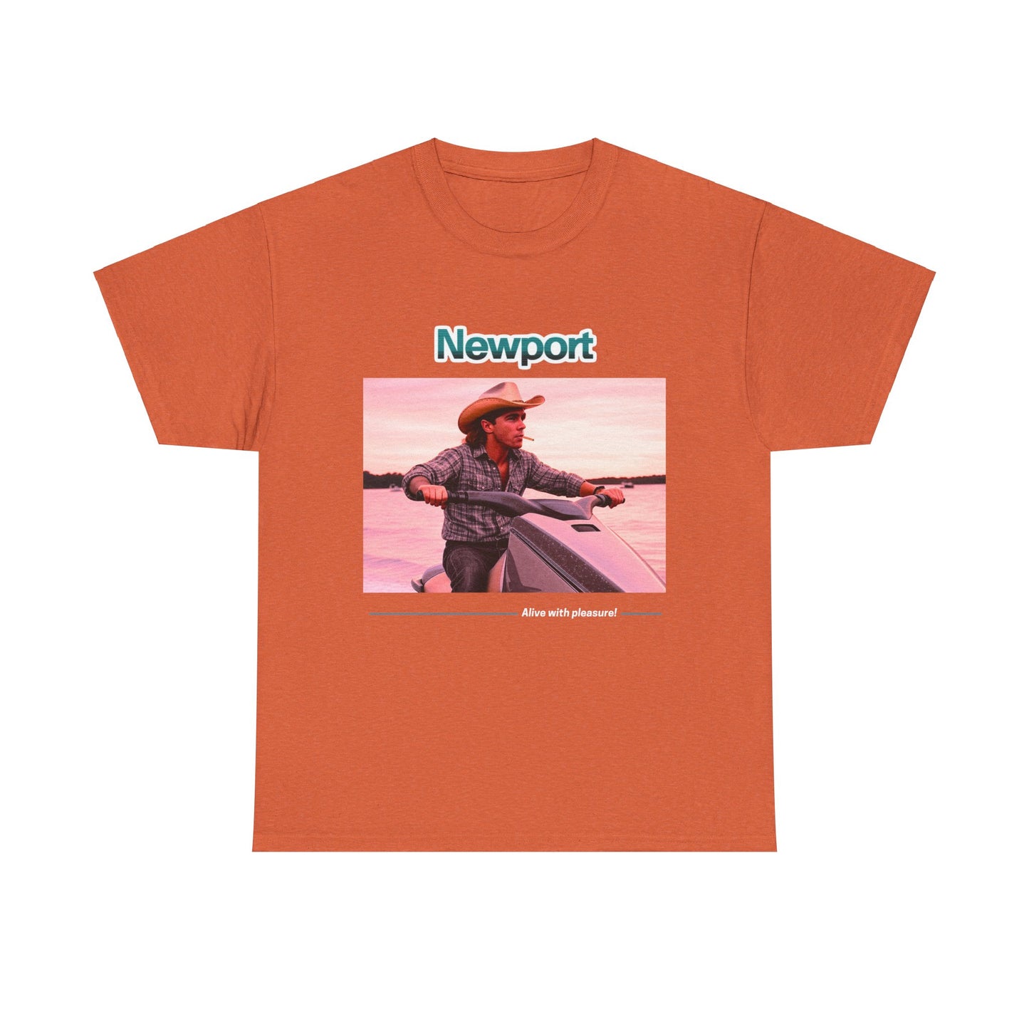 Graphic T-Shirt: 1980s Cowboy Riding Jet Ski with Newport Cigarette Design