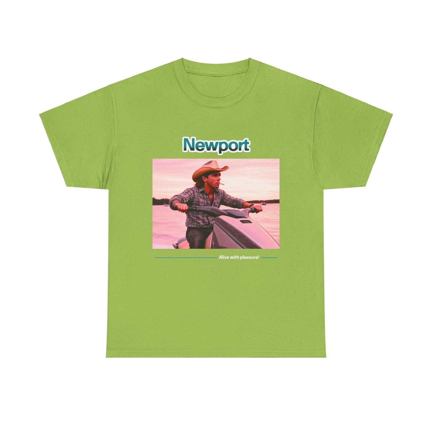 Graphic T-Shirt: 1980s Cowboy Riding Jet Ski with Newport Cigarette Design