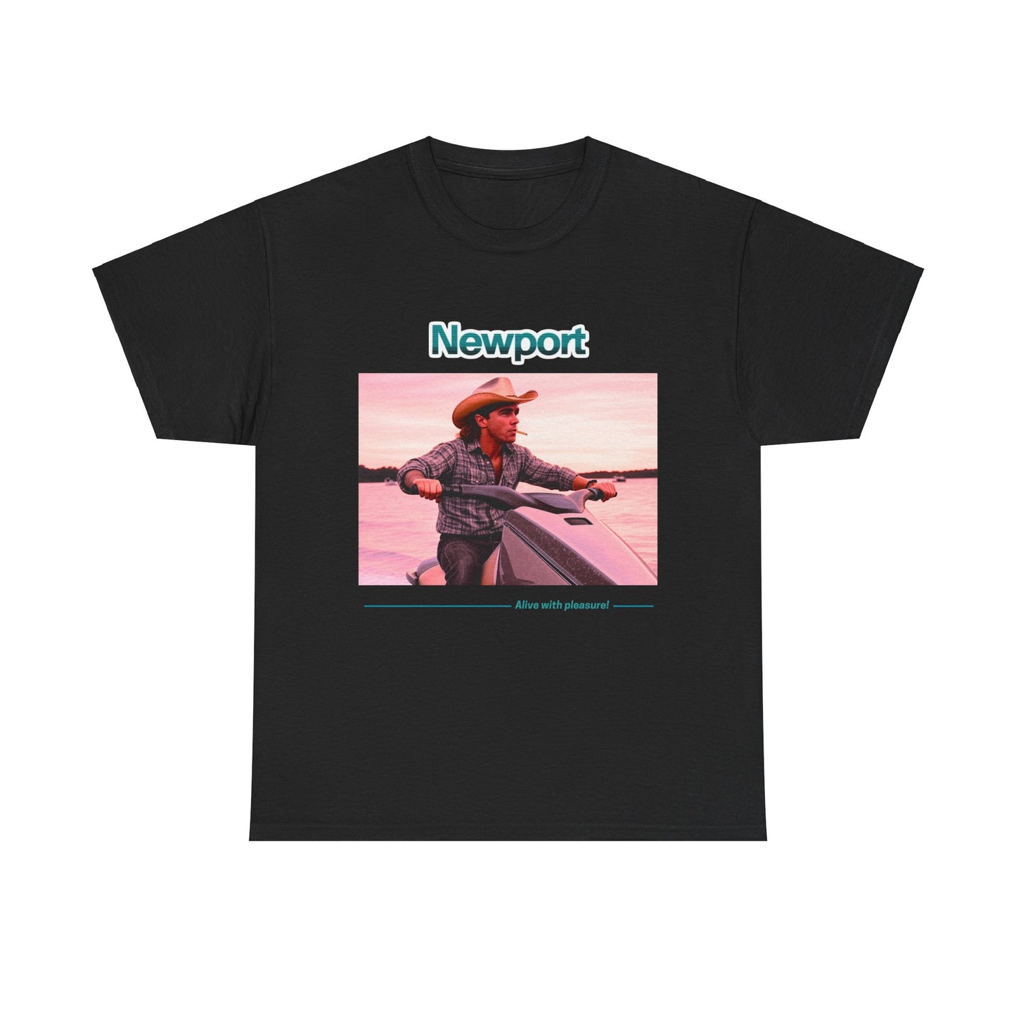 Graphic T-Shirt: 1980s Cowboy Riding Jet Ski with Newport Cigarette Design